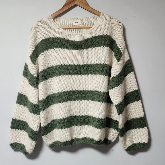 Sweaters - Ange Green and Cream Striped Loose Knit Sweater Top L